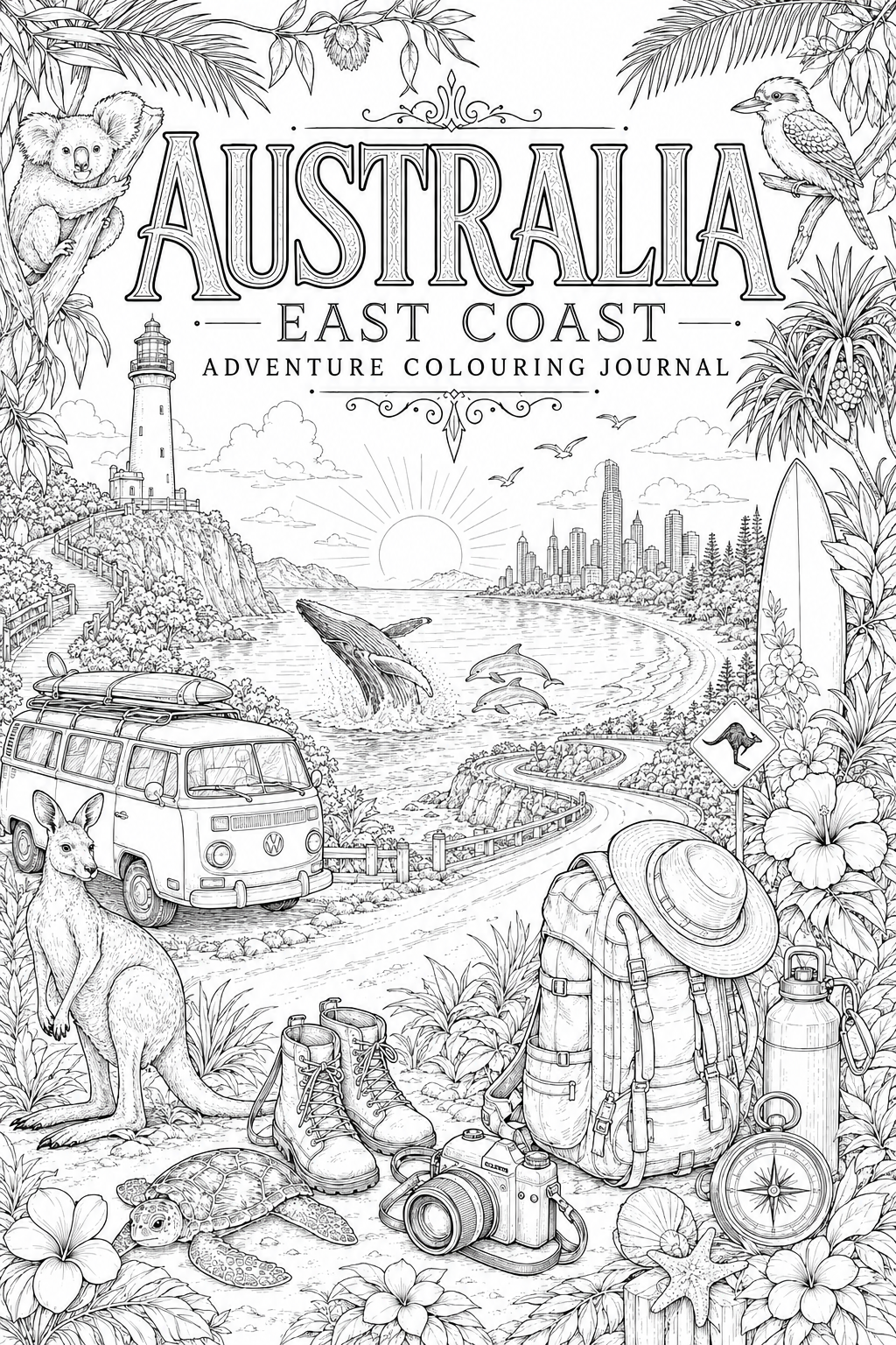 Australia East Coast Adventure cover black-and-white colouring artwork