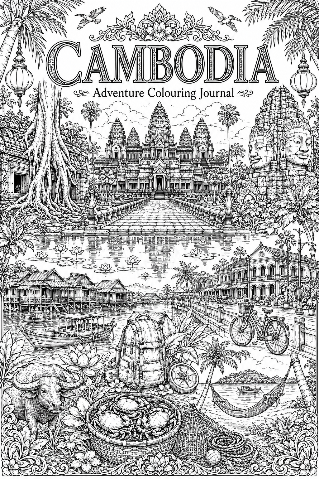 Cambodia Adventure cover black-and-white colouring artwork