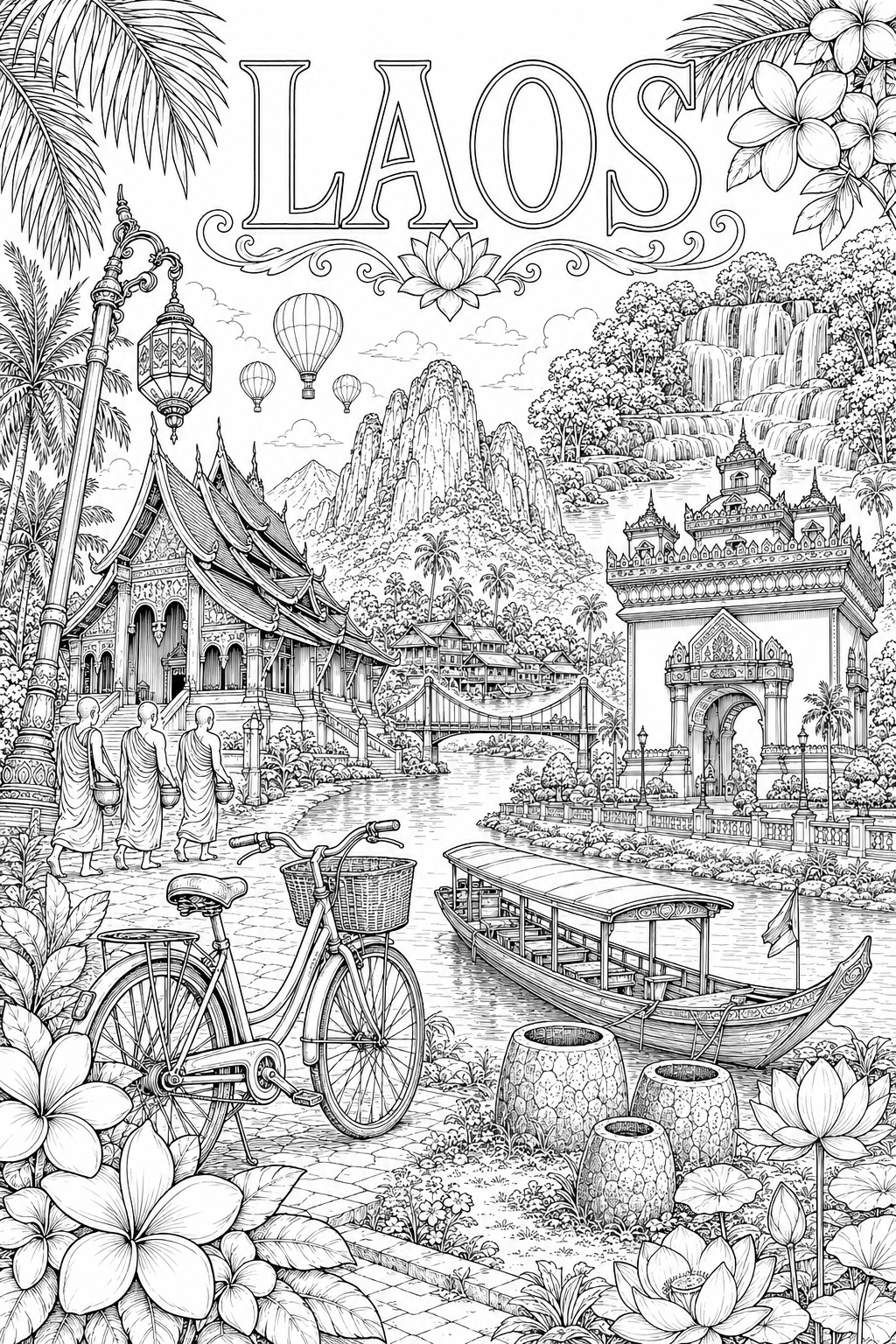 Laos Adventure cover black-and-white colouring artwork