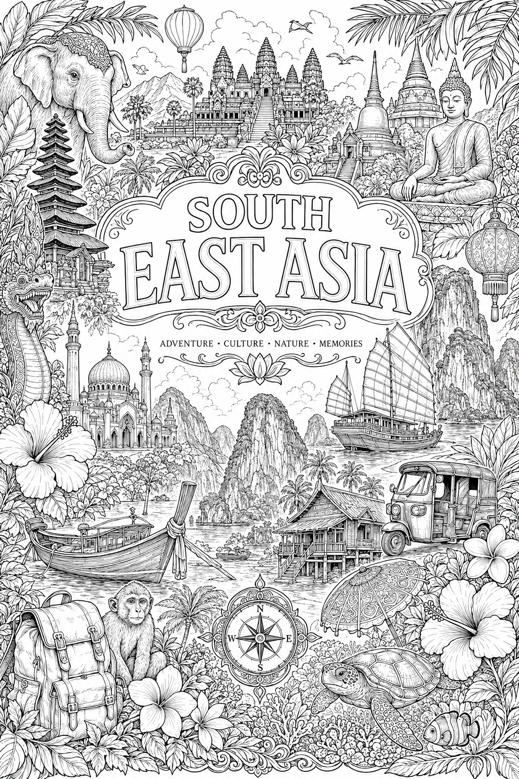 South East Asia Cover black-and-white colouring artwork