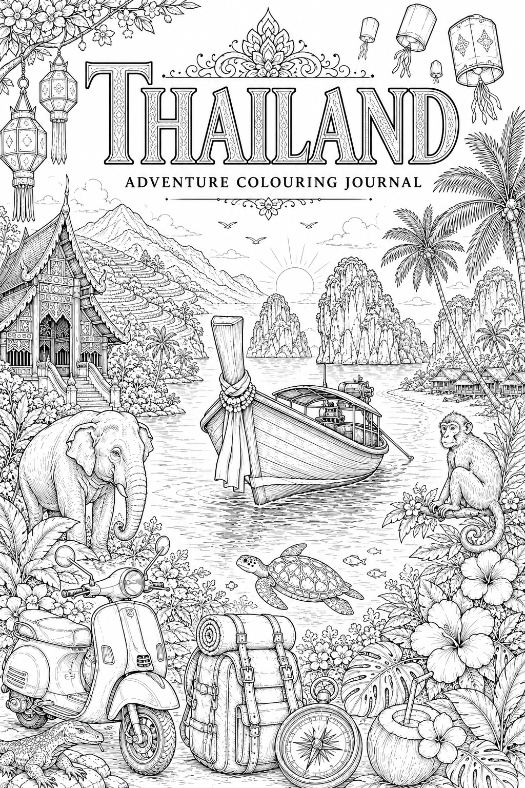 Thailand Adventure cover black-and-white colouring artwork