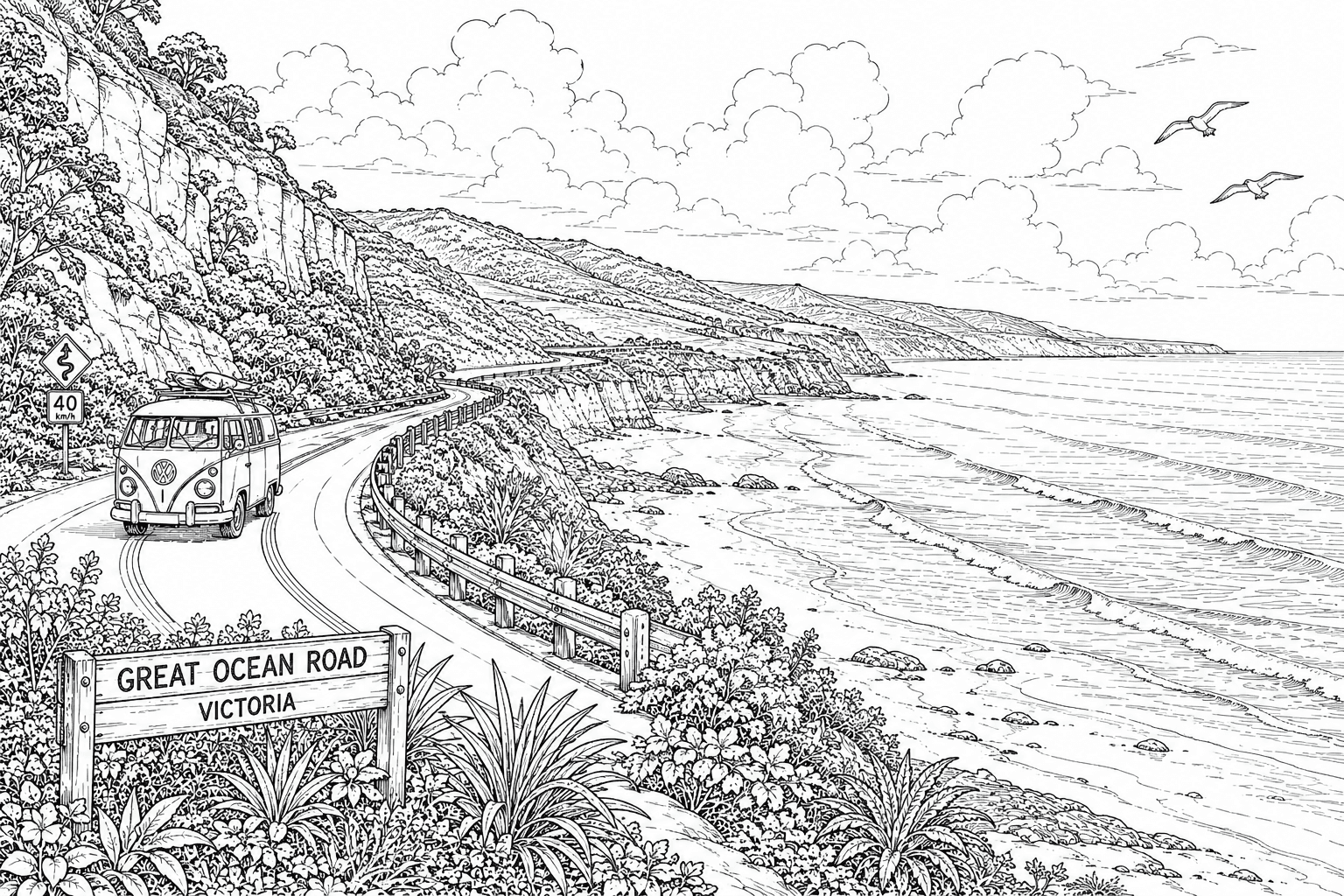 Great Ocean Road Drive colouring artwork