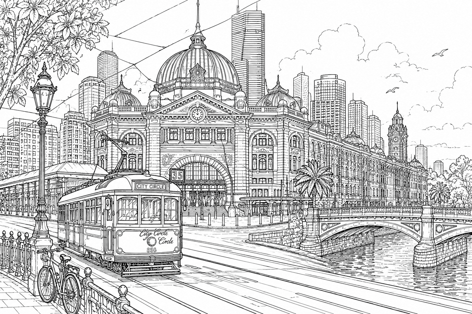 Melbourne CBD colouring artwork